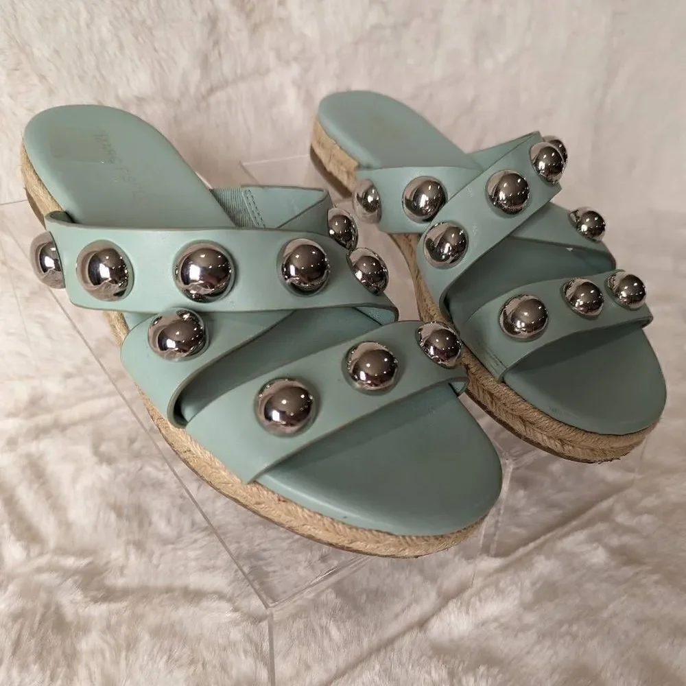 Marc Fisher Prisca Ball-Studded Espadrille Sandals Sage Green Size 8.5